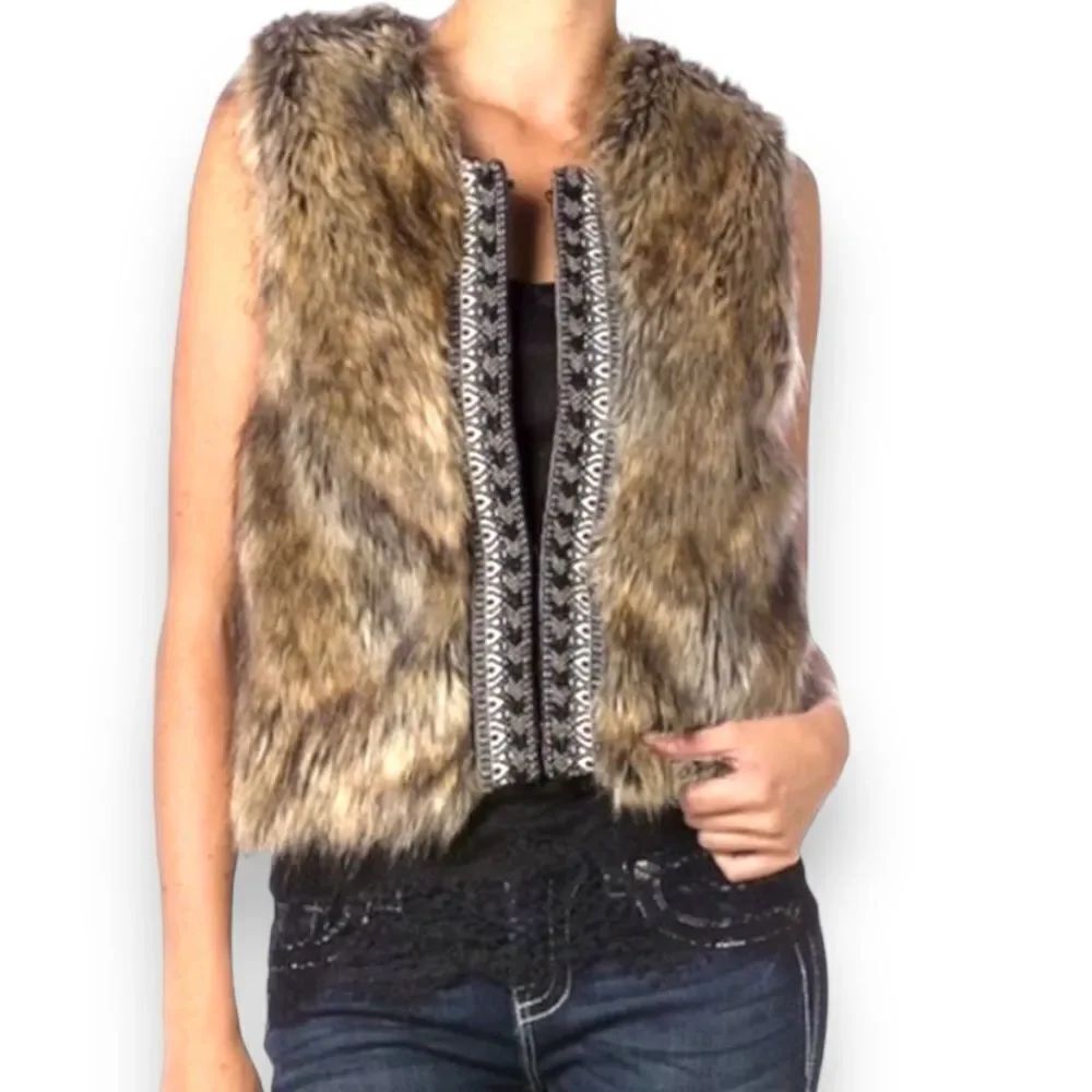 Sleeveless Open Front Brown Fur Black Cable Knit Outerwear Vest NEW